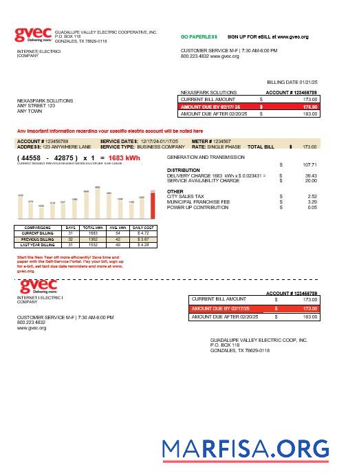Blank USA Texas GVEC business utility bill template in Word and PDF formats